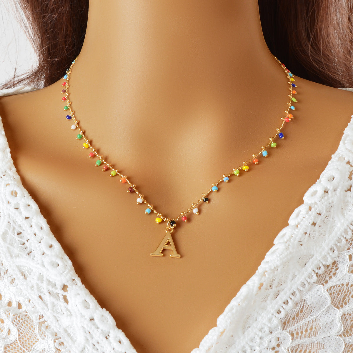 Bohemian Colorful Seed Beads Charm Chain Letter D Pendant Necklace Accessories-5