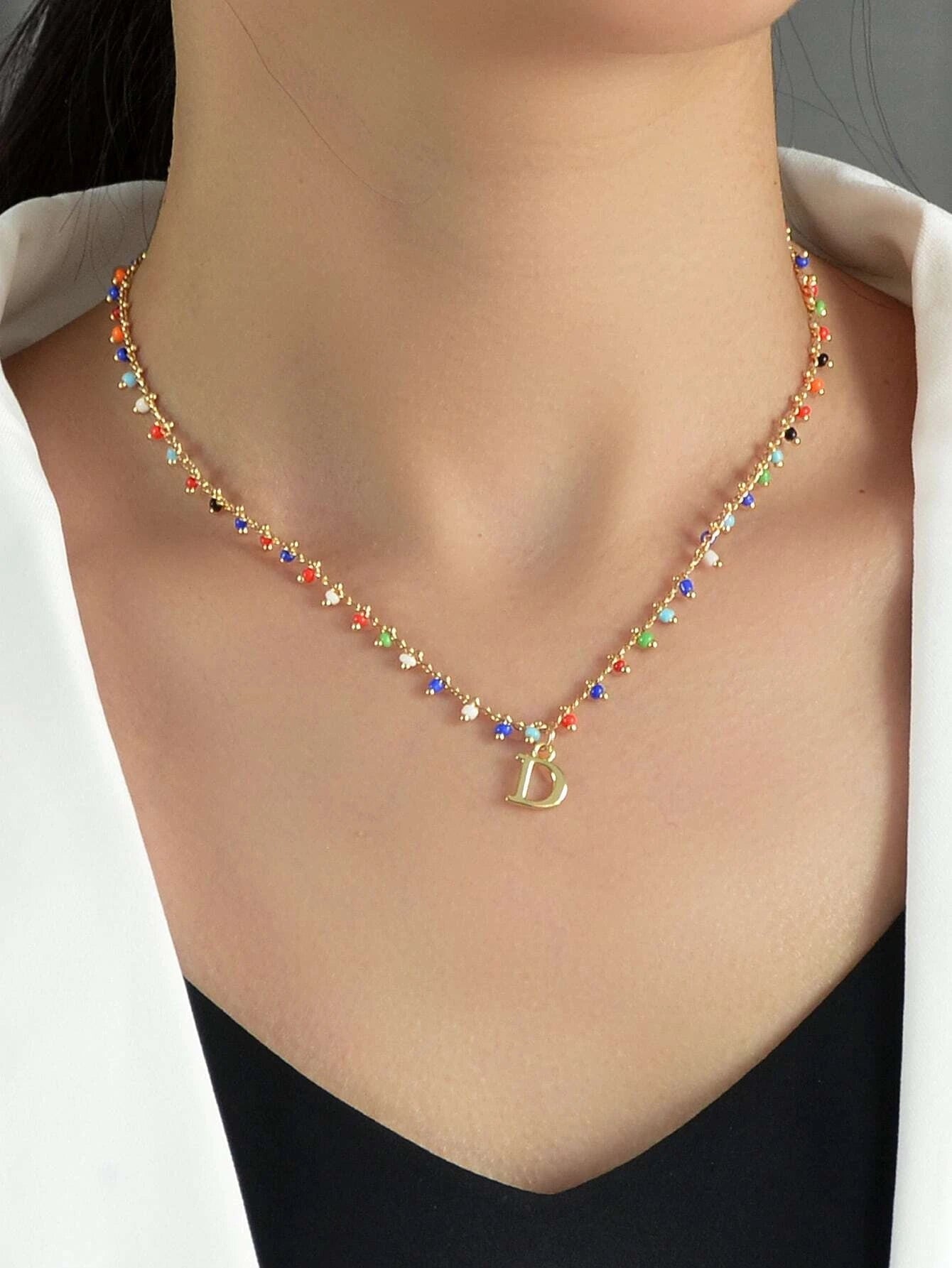 Bohemian Colorful Seed Beads Charm Chain Letter D Pendant Necklace Accessories-0