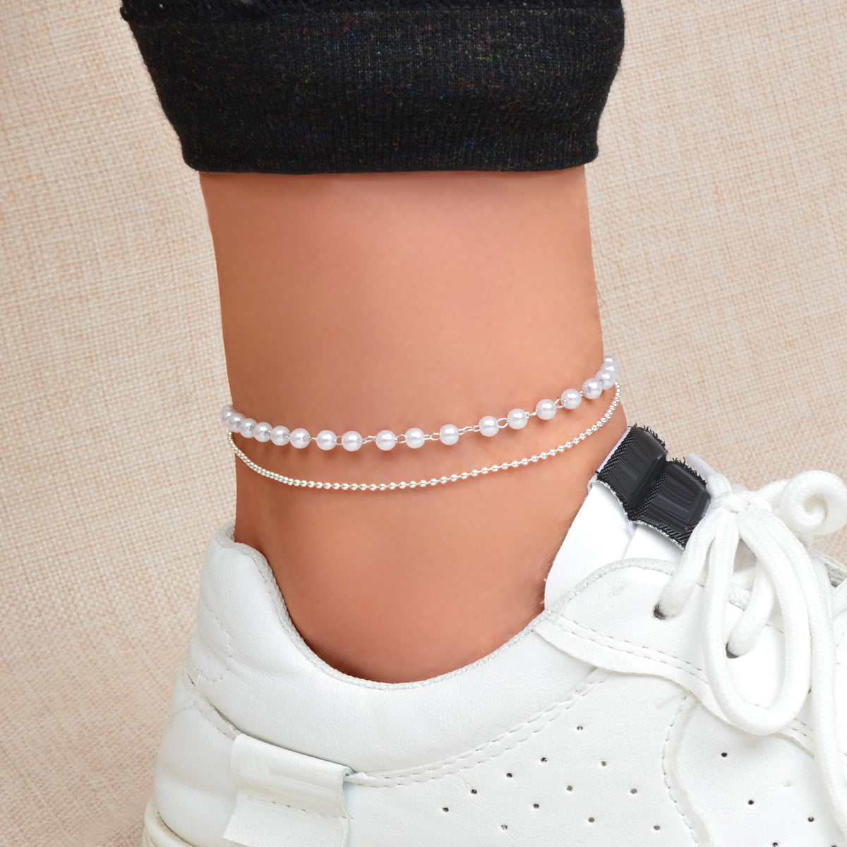 Double layer Silver Popcorn Chain Pearl Adjustable Anklet Beach Foot Jewellery-0