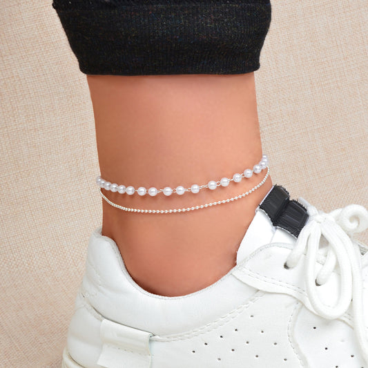 Double layer Silver Popcorn Chain Pearl Adjustable Anklet Beach Foot Jewellery-0