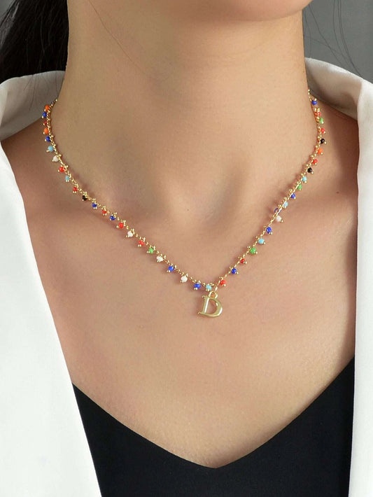 Bohemian Colorful Seed Beads Charm Chain Letter D Pendant Necklace Accessories-0