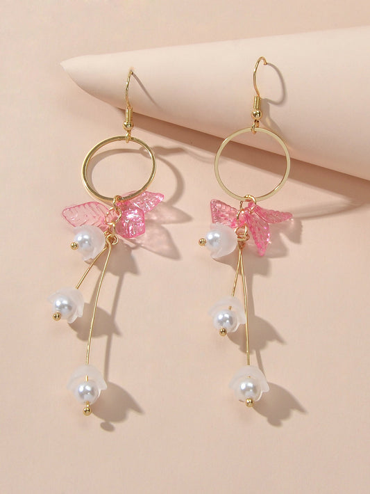 Charming Pearl Green Hotpink Resin Leaf Charm Gold Circle Dangle Women Earrings-0